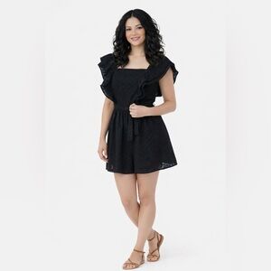 Ali & Jay Black Eyelet Romper Ruffle Shoulder Tie Waist Size M
